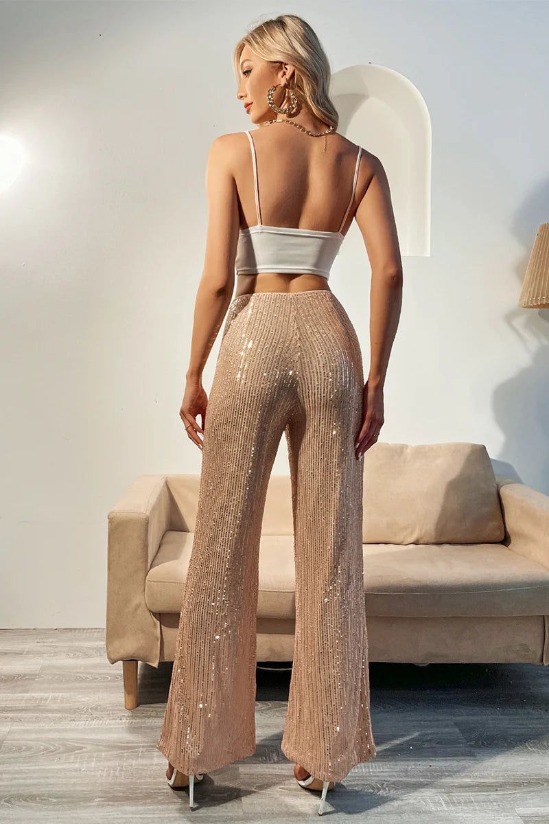 Puck - Pantalon à Paillettes Taille Haute à Jambes Larges